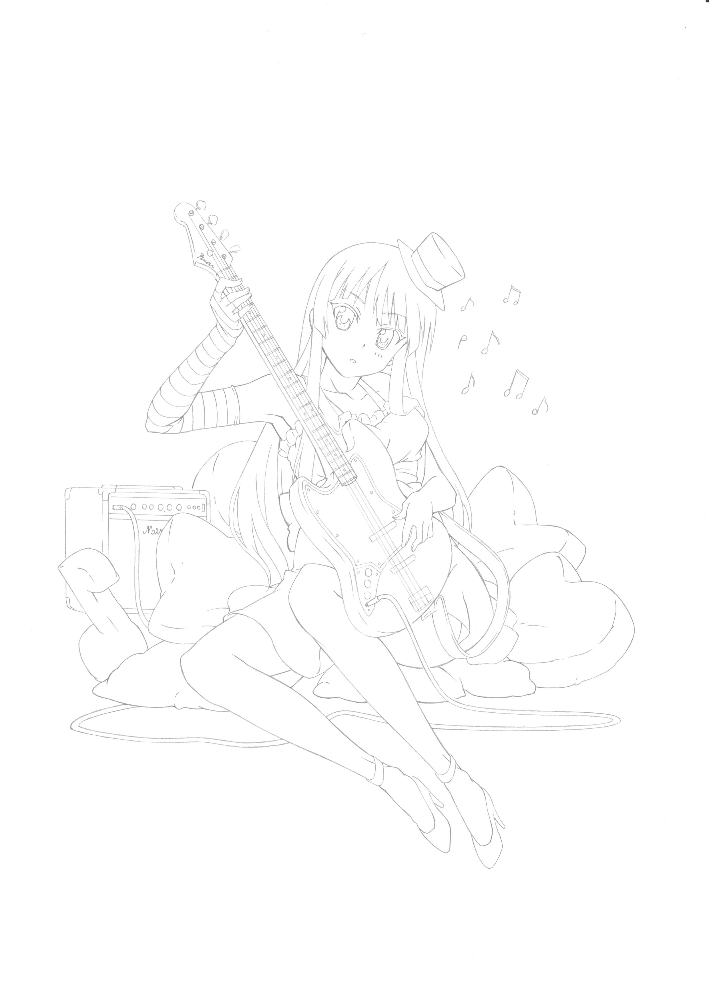 hikaru (pixiv), akiyama mio, don't say "lazy", k-on!, striped, absurdres, bad id, bad pixiv id, highres, 00s, 1girl, amplifier, bass guitar, blunt bangs, dress, facepaint, female focus, fingerless gloves, gloves, greyscale, hat, heart, hime cut, instrument, lineart, long hair, mini hat, mini top hat, monochrome, musical note, pillow, sitting, solo, top hat