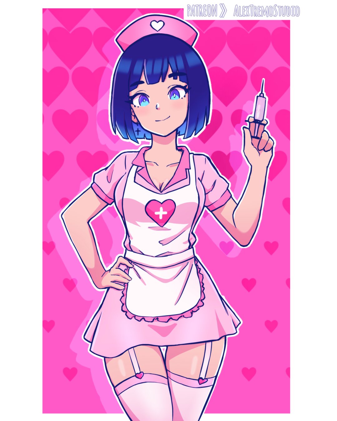 mimundoalex, original, commentary request, highres, 1girl, apron, blue eyes, blue hair, bob cut, breasts, cleavage, collared dress, cowboy shot, dress, garter straps, hair ornament, hand on own hip, hat, heart, heart hair ornament, holding, holding syringe, medium breasts, nurse cap, patreon username, pink dress, pink thighhighs, short dress, solo, spanish commentary, syringe, thigh strap, thighhighs, white apron