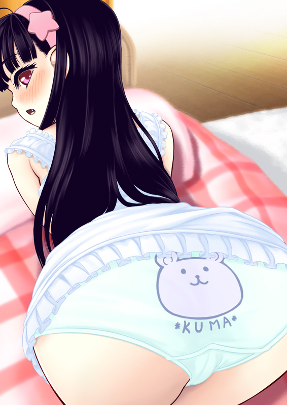royalwatts, kuma (2ch), original, 1girl, animal print, ass, bear panties, bear print, bed, bent over, black hair, blush, clothes writing, fang, female focus, hairband, looking back, panties, pantyshot, pillow, pink eyes, print panties, solo, underwear, white panties