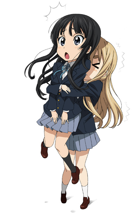 isse, akiyama mio, kotobuki tsumugi, k-on!, eyebrows, grabbing, > <, 00s, 2girls, :<, ^^^, anime coloring, black eyes, black hair, blonde hair, blue eyes, blunt bangs, blush, chibi, closed eyes, glomp, grey eyes, hime cut, hug, lifting person, long hair, multiple girls, official style, school uniform, skirt, socks, surprised