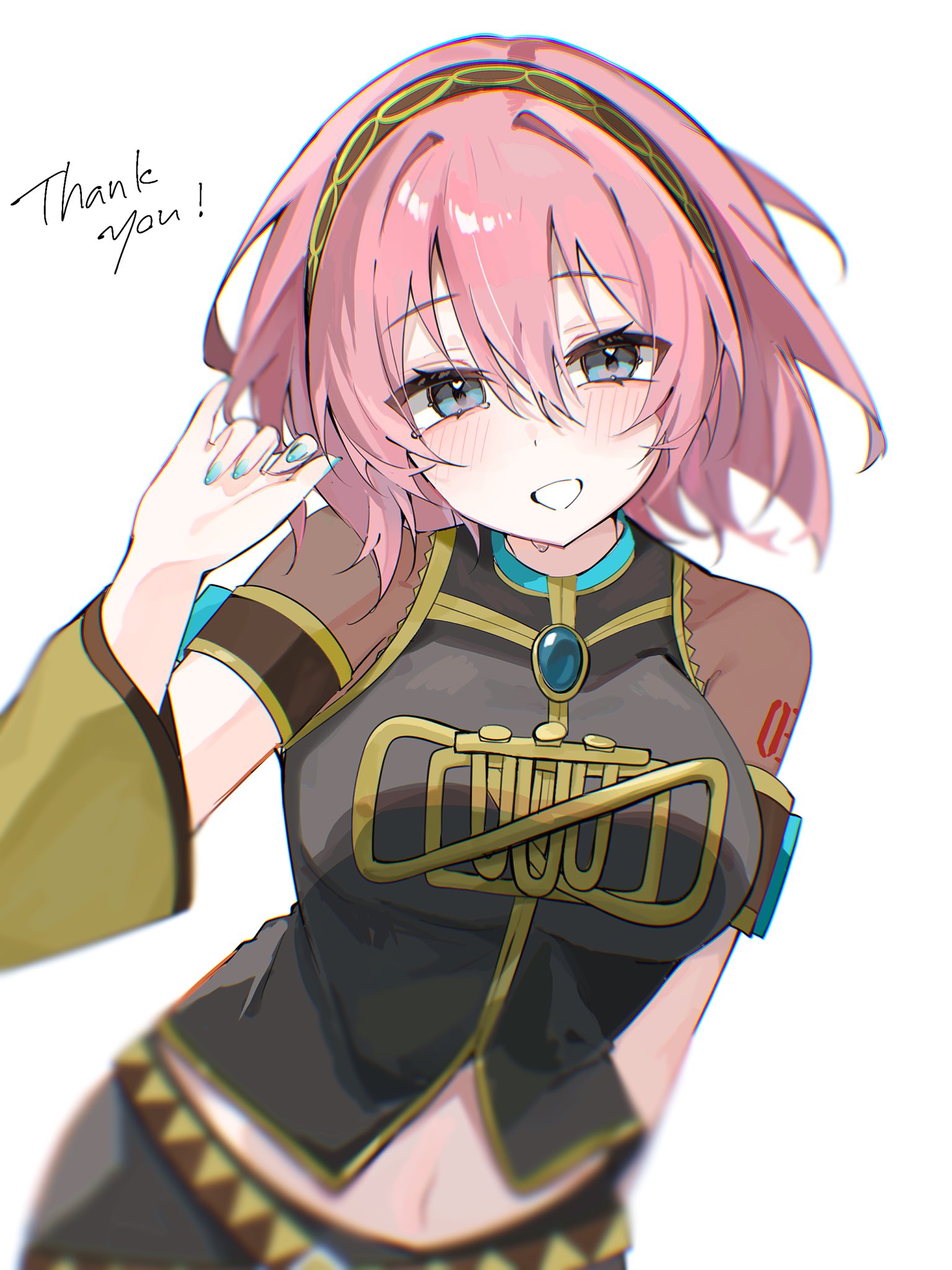 waimoniku, megurine luka, vocaloid, commentary, highres, 1girl, :d, alternate hair length, alternate hairstyle, aqua eyes, aqua nails, arm up, armpit crease, blurry, blurry background, blush, breasts, detached sleeves, hair between eyes, hairband, large breasts, looking at viewer, medium hair, midriff, navel, open mouth, pink hair, pinky out, red hairband, see-through clothes, see-through sleeves, short sleeves, shoulder tattoo, simple background, smile, solo, tattoo, thank you, upper body, white background