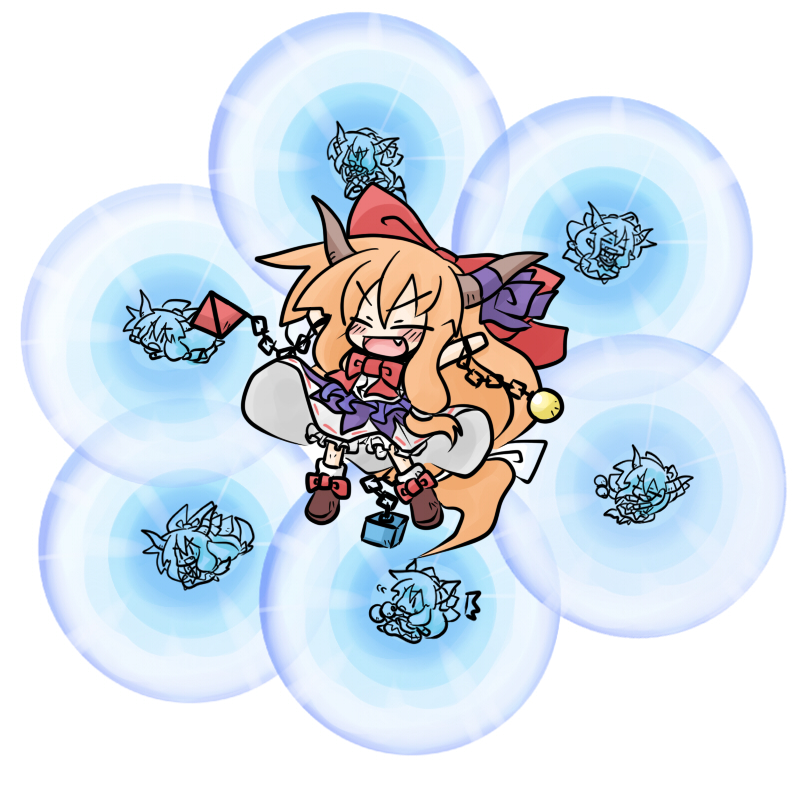 yanagi (nurikoboshi), ibuki suika, touhou, 6+girls, blonde hair, bow, chain, chibi, clone, closed eyes, danmaku, fang, female focus, hair bow, horns, multiple girls, orange hair