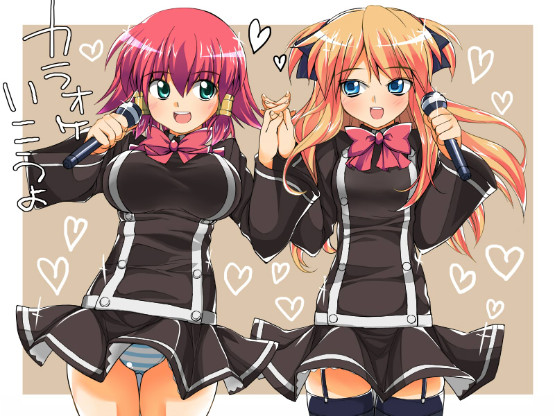shiden (sashimi no wife), ruquia, shalon, quiz magic academy, bad id, bad pixiv id, 2girls, blonde hair, blue eyes, blush, breasts, garter belt, green eyes, hair ribbon, holding hands, large breasts, microphone, multiple girls, music, open mouth, panties, red hair, ribbon, school uniform, short hair, singing, skirt, sparkle, striped clothes, striped panties, thighhighs, underwear
