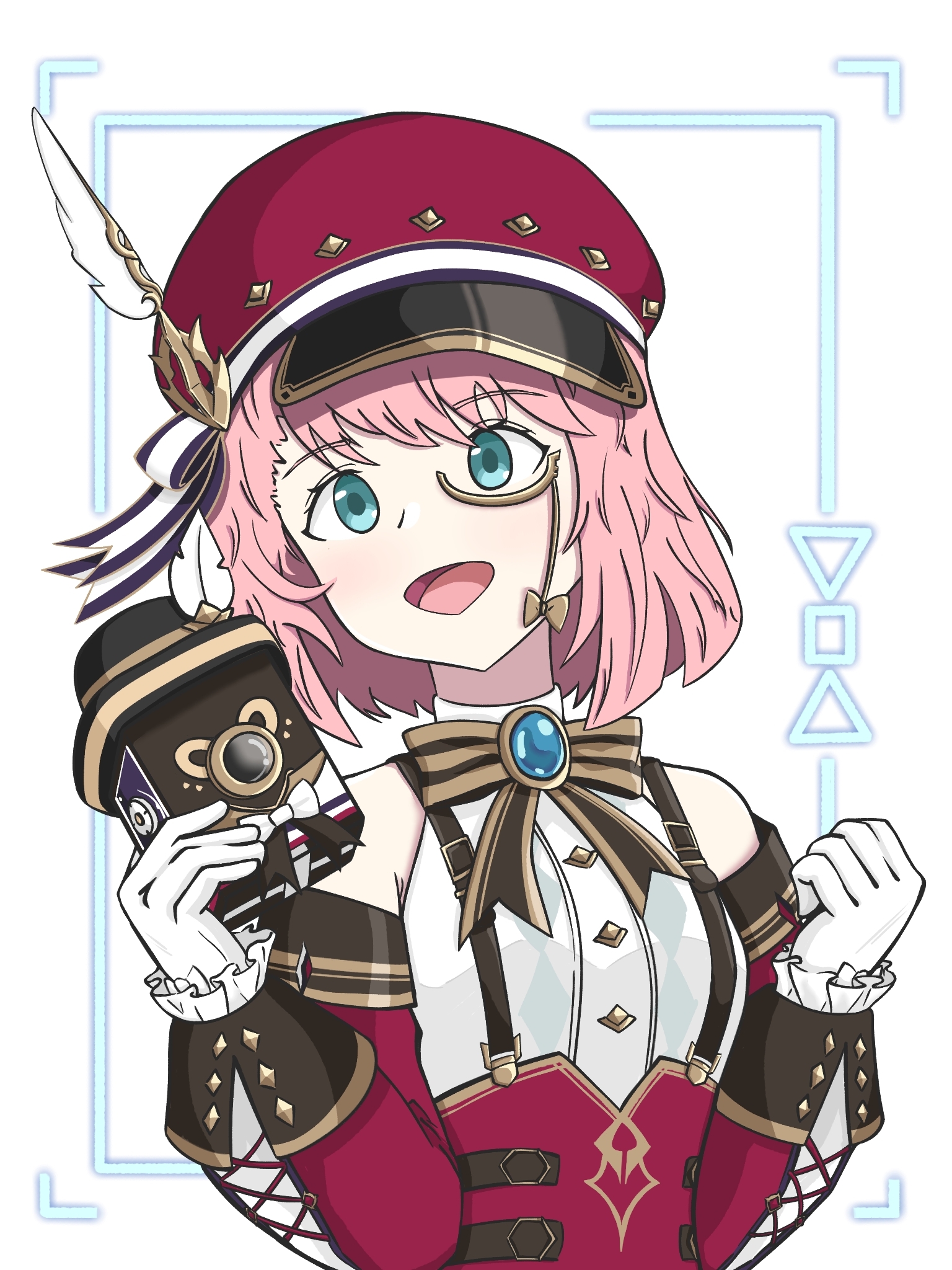 charlotte (genshin impact), genshin impact, highres, camera, cross-laced clothes, cross-laced sleeves, detached sleeves, gloves, hat, hat feather, holding, holding camera, monocle, newsboy cap, puffy detached sleeves, puffy sleeves, red sleeves, suspenders, white gloves