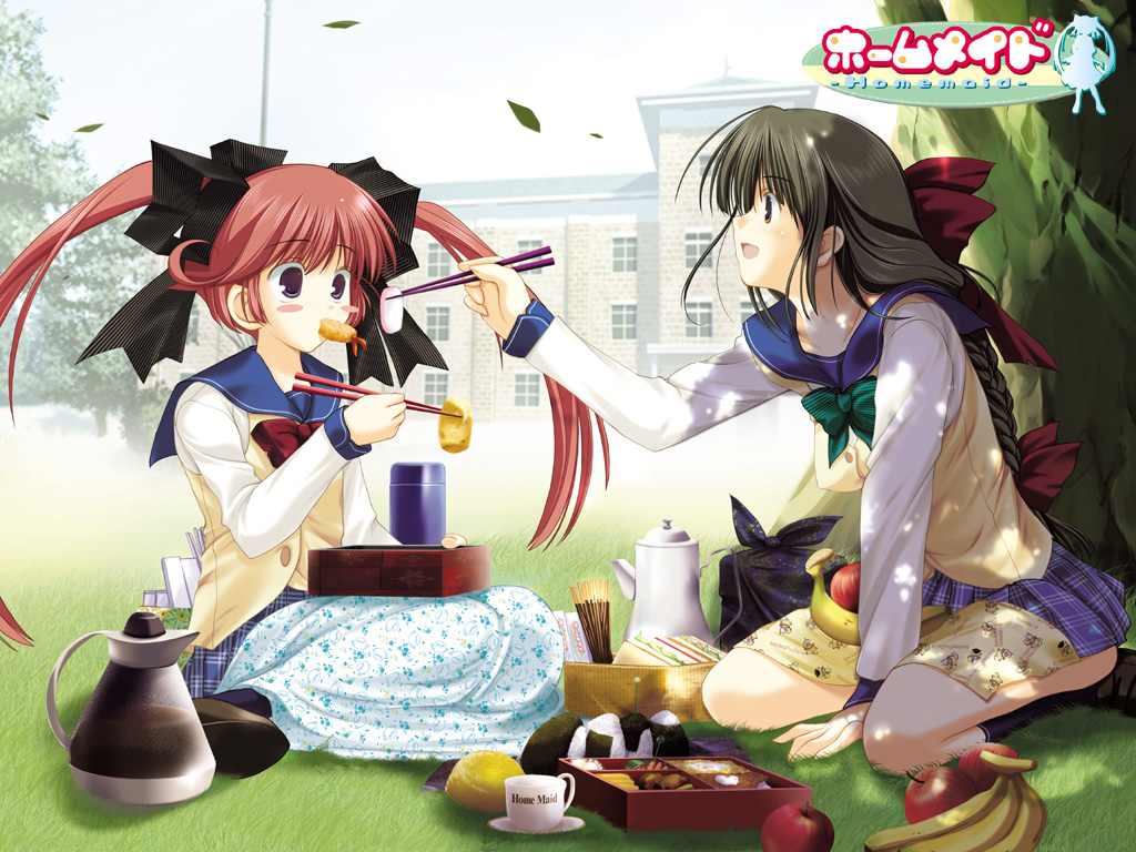 hayami yumi, homemaid, pot, 2girls, apple, arm support, banana, bento, between legs, black hair, black ribbon, blush stickers, bow, bowtie, braid, brown eyes, building, chopsticks, copyright name, cup, feeding, food, food in mouth, fruit, grass, hair ribbon, hand between legs, kettle, kneehighs, leaf, logo, long hair, long sleeves, looking at another, multiple girls, onigiri, open mouth, outdoors, plaid clothes, plaid skirt, pleated skirt, pocky, profile, purple eyes, red hair, red ribbon, ribbon, sandwich, school uniform, serafuku, sitting, skirt, socks, striped ribbon, tree, twintails, vest, wariza