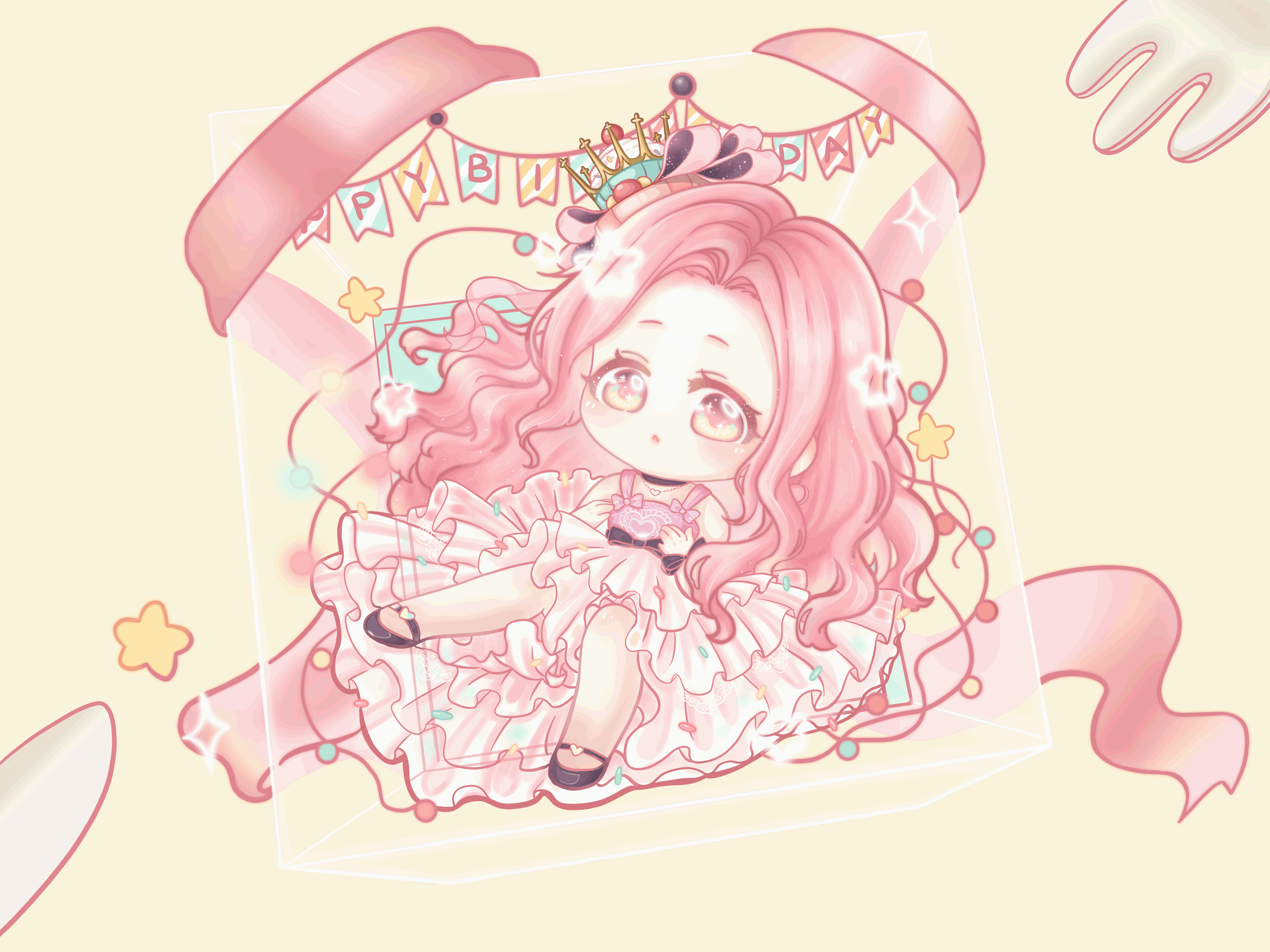 xiaoyu qixing, colorful cake tower (shining nikki), nikki (nikki), nikki (series), shining nikki, absurdres, animated, animated gif, chinese commentary, commentary request, highres, looping animation, 1girl, :o, bare shoulders, birthday, black choker, black shoes, blinking, bow, box, brown eyes, chibi, choker, crown, cupcake, dress, eyelashes, food, food-themed hair ornament, forehead, fork, garland (decoration), gold crown, gown, hair ornament, hair ribbon, happy birthday, heart, heart necklace, in box, in container, jewelry, knife, light blush, long dress, long hair, looking at viewer, mini crown, mole, necklace, parted lips, pink bow, pink dress, pink hair, pink ribbon, pleated dress, ribbon, shoes, sidelocks, sleeveless, sleeveless dress, solo, star (symbol), string of light bulbs, tareme, very long hair, wavy hair, wrist bow, yellow background