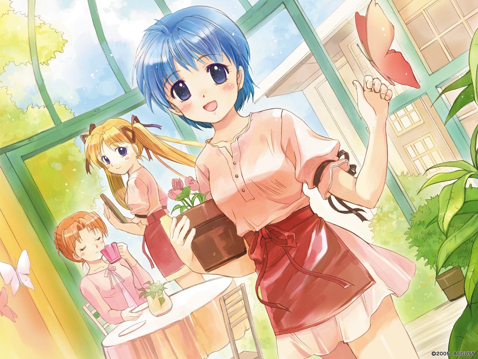 nishina kyouko, shibugaki matsuri, tachibana chihiro, tsuki wa higashi ni hi wa nishi ni, highres, 00s, bug, butterfly, restaurant, twintails, waitress
