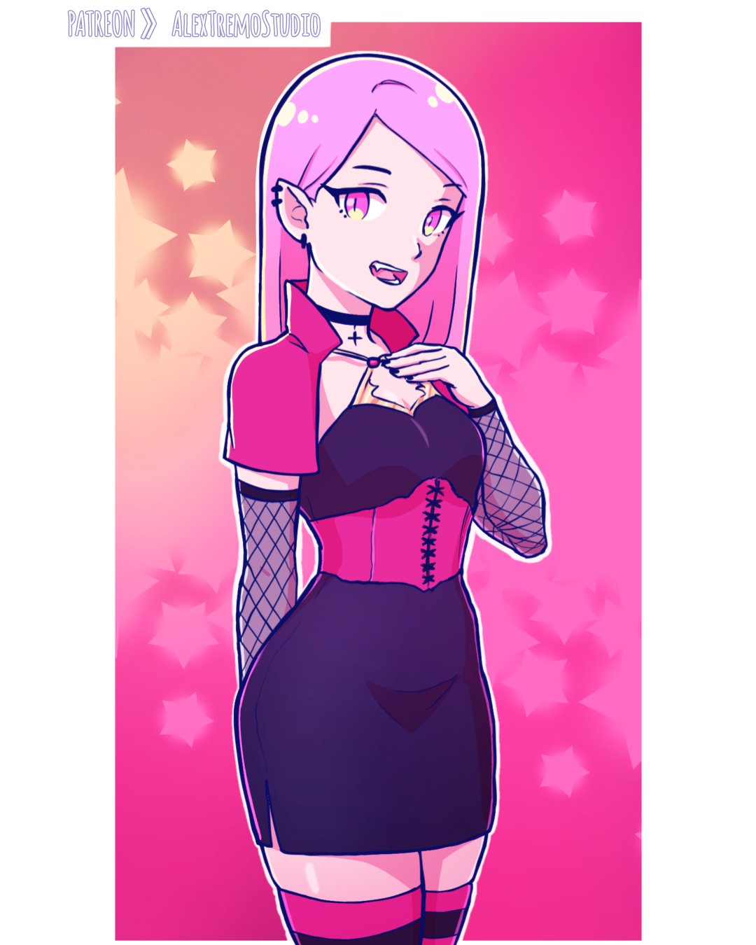 mimundoalex, original, commentary request, highres, 1girl, arm behind back, black choker, black dress, black nails, breasts, capelet, choker, cleavage cutout, clothing cutout, corset, cowboy shot, detached sleeves, dress, earrings, fishnet sleeves, fishnets, hair behind ear, jewelry, open mouth, pink background, pink capelet, pink eyes, pink hair, pointy ears, short dress, small breasts, smile, solo, spanish commentary, star (symbol), striped clothes, striped thighhighs, thighhighs, zettai ryouiki