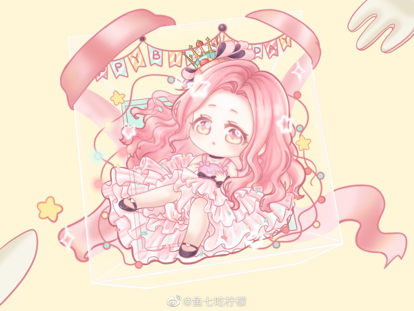 xiaoyu qixing, colorful cake tower (shining nikki), nikki (nikki), nikki (series), shining nikki, chinese commentary, commentary request, 1girl, :o, bare shoulders, birthday, black choker, black shoes, bow, box, brown eyes, chibi, choker, crown, cupcake, dress, eyelashes, food, food-themed hair ornament, forehead, fork, garland (decoration), gold crown, gown, hair ornament, hair ribbon, happy birthday, heart, heart necklace, in box, in container, jewelry, knife, light blush, long dress, long hair, looking at viewer, mini crown, mole, necklace, parted lips, pink bow, pink dress, pink hair, pink ribbon, pleated dress, ribbon, shoes, sidelocks, sleeveless, sleeveless dress, solo, star (symbol), string of light bulbs, tareme, very long hair, watermark, wavy hair, weibo watermark, wrist bow, yellow background
