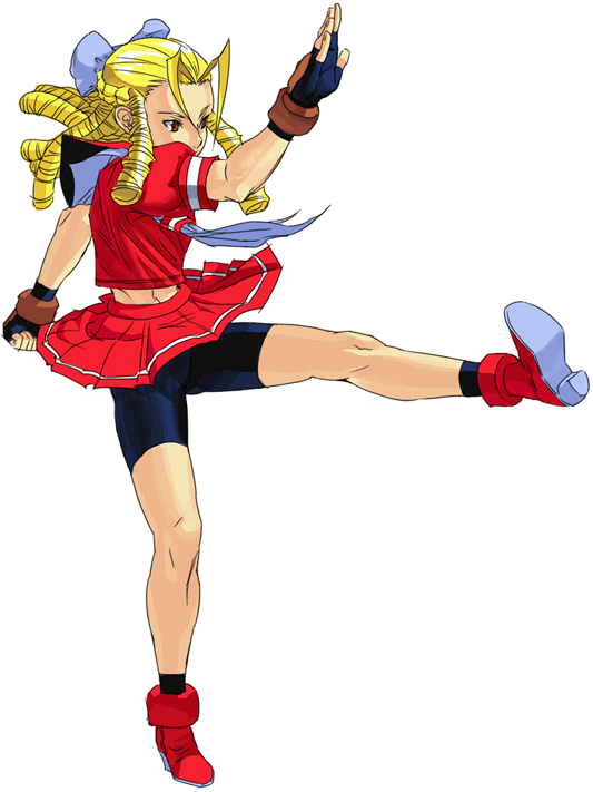kanzuki karin, capcom, street fighter, street fighter zero (series), 1990s (style), 1girl, ankle boots, bike shorts, bike shorts under skirt, blonde hair, boots, drill hair, female focus, hair slicked back, retro artstyle, school uniform, shorts, shorts under skirt, solo