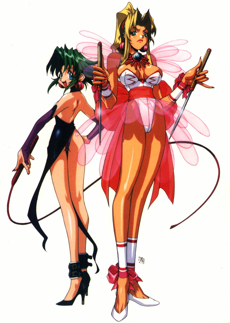 kotobuki tsukasa, ellis (toushinden), sofia, sofia (toushinden), tamsoft, toushinden, official art, 1990s (style), 2girls, angry, ankle cuffs, ass, back-to-back, bdsm, blonde hair, blue eyes, blush, bow, breasts, bridal gauntlets, cleavage, cosplay, costume switch, dagger, dominatrix, earrings, ellis (battle arena toshinden) (cosplay), ellis (toushinden) (cosplay), fingernails, frown, green eyes, green hair, hand on own hip, high heels, hip focus, holding, holding dagger, holding knife, holding weapon, jewelry, knife, large breasts, leotard, lipstick, long fingernails, long hair, looking back, makeup, multiple girls, nail (hardware), nail polish, panties, pelvic curtain, pink bow, ponytail, purple panties, retro artstyle, ribbon, role reversal, shoes, short hair, skirt, sofia (cosplay), sofia (toushinden) (cosplay), sword, underwear, weapon, whip, white background, white leotard, wings