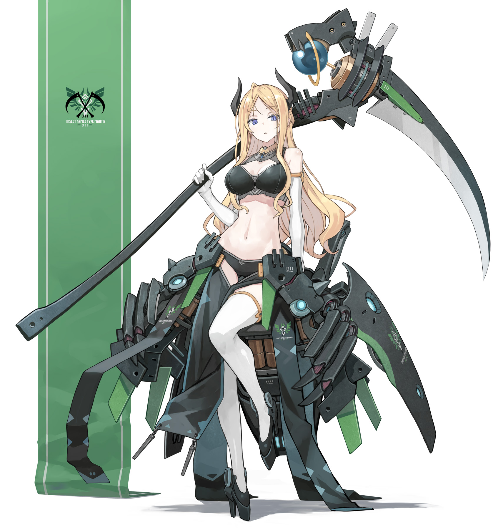 poco (asahi age), original, highres, 1girl, black bra, black panties, blonde hair, blue eyes, bra, breasts, bridal gauntlets, collar, full body, gloves, high heels, holding, holding scythe, holding weapon, horns, large breasts, long hair, mecha musume, midriff, navel, orb, over shoulder, panties, parted bangs, parted lips, pelvic curtain, pumps, science fiction, scythe, solo, thighhighs, underwear, weapon, weapon over shoulder, white gloves, white thighhighs