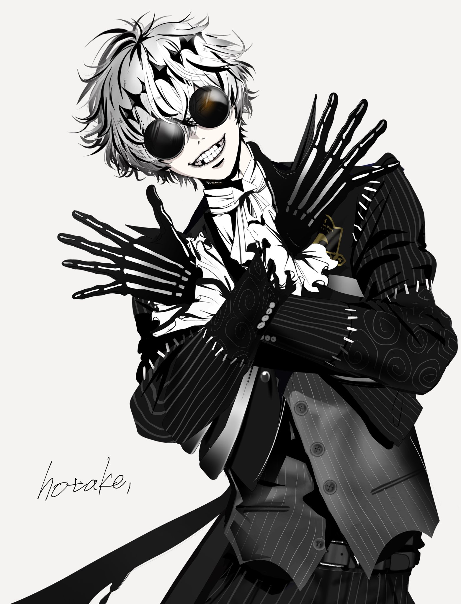 marinachan, skully j. graves, twisted wonderland, highres, 1boy, ascot, black crown, black gloves, crossed arms, crown, diamond hairband, formal clothes, gloves, glowing, glowing eyes, jacket, long sleeves, looking at viewer, male focus, missing tooth, orange eyes, pinstripe jacket, pinstripe pattern, pinstripe suit, pinstripe vest, round eyewear, short hair, skeleton, skeleton print, smile, solo, stitches, striped clothes, striped jacket, striped vest, suit, sunglasses, vertical-striped clothes, vertical-striped jacket, vertical-striped vest, vest, white hair