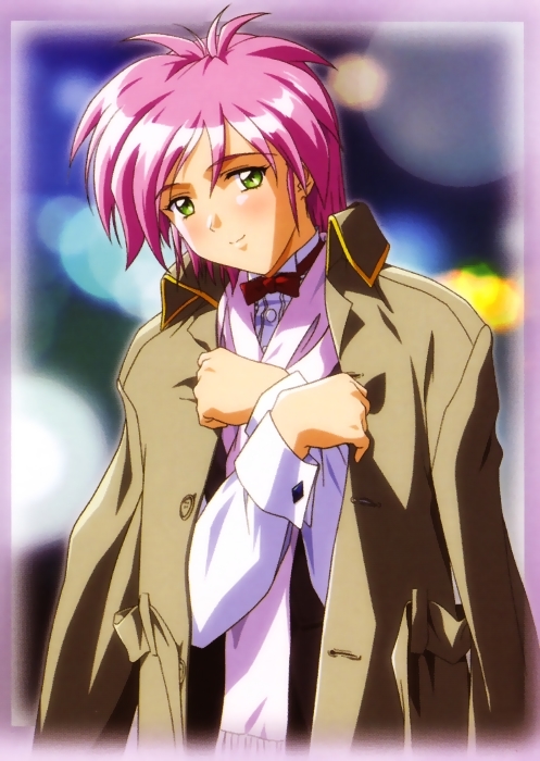 kokura masashi, yae kaori, tokimeki memorial, tokimeki memorial 2, official art, scan, 1990s (style), 1girl, blush, coat, green eyes, pink hair, retro artstyle, scarf