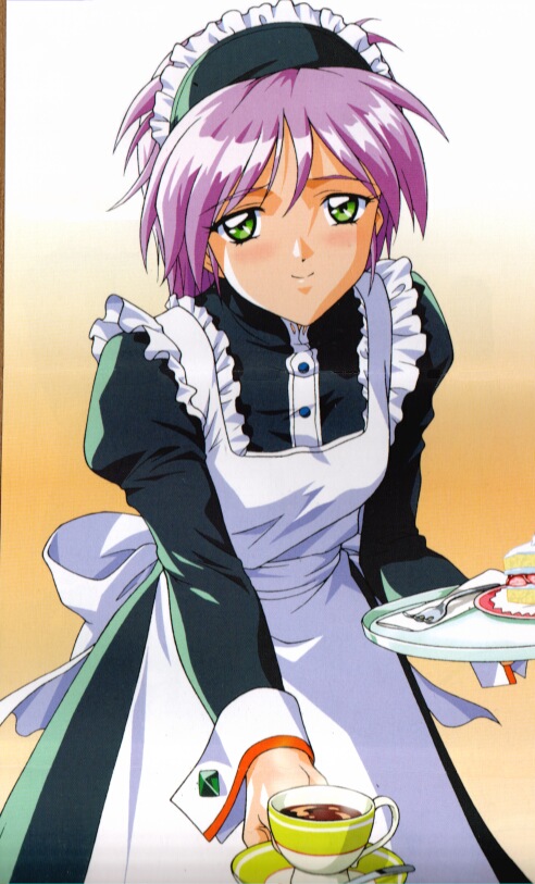 kokura masashi, yae kaori, tokimeki memorial, tokimeki memorial 2, official art, scan, 1990s (style), 1girl, green eyes, maid, pink hair, retro artstyle