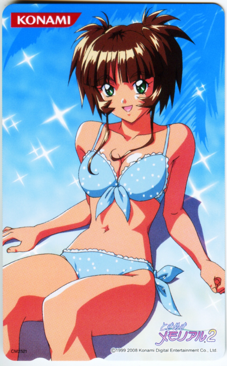 kokura masashi, ichimonji akane, tokimeki memorial, tokimeki memorial 2, highres, official art, scan, 00s, 1990s (style), 1girl, 2008, bikini, blue bikini, breasts, brown hair, cleavage, front-tie top, green eyes, midriff, mousepad (object), polka dot, polka dot bikini, polka dot swimsuit, retro artstyle, side-tie bikini bottom, swimsuit