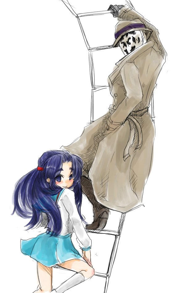 hase fuuko, asakura ryoko, rorschach, dc comics, m.u.g.e.n, suzumiya haruhi no yuuutsu, watchmen, bad id, bad pixiv id, 00s, blue eyes, blue hair, climbing, coat, crossover, hat, ladder, long hair, mask, school uniform, serafuku, sketch, trench coat