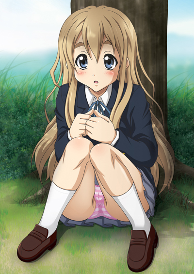 uninigumi, kotobuki tsumugi, k-on!, 00s, 1girl, blonde hair, blue eyes, female focus, long hair, panties, pantyshot, pink panties, school uniform, sitting, solo, striped clothes, striped panties, underwear
