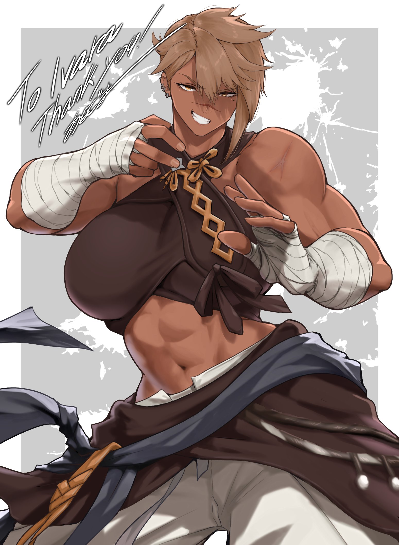 anagumasan, warrior of light (ff14), final fantasy, final fantasy xiv, original, commentary, commission, english commentary, highres, second-party source, skeb commission, 1girl, abs, asymmetrical bangs, bandaged arm, bandaged hand, bandages, bare shoulders, blue sash, breasts, brown hair, commissioner name, cowboy shot, crop top, dark-skinned female, dark skin, ear piercing, earrings, fighting stance, grin, halterneck, hands up, hyur, ivara (ivaraxiv), jewelry, large breasts, looking at viewer, midriff, mole, mole under eye, multi-source commentary, muscular, muscular female, navel, pants, piercing, sash, scar, scar on face, scar on nose, scar on shoulder, short hair, smile, solo, v-shaped eyebrows, white pants