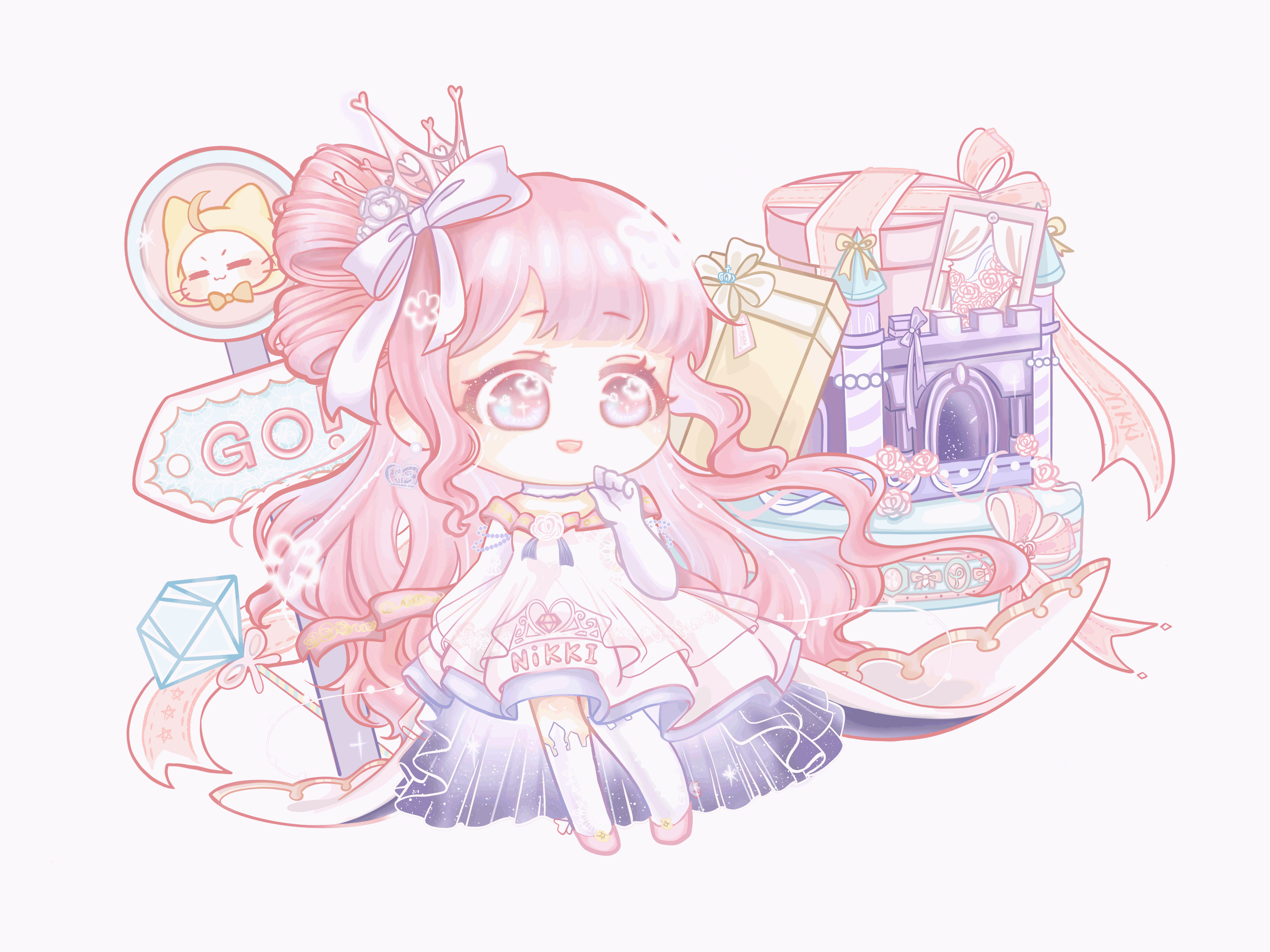 xiaoyu qixing, momo (nikki), nikki (nikki), miracle nikki, nikki (series), absurdres, animated, animated gif, chinese commentary, commentary request, highres, looping animation, 1girl, beads, blinking, blunt bangs, bow, bow-shaped hair, brooch, chibi, choker, crown, dress, elbow gloves, flower, flower brooch, fur choker, gift, gloves, gown, hair bow, hair bun, hair flower, hair ornament, hand on own cheek, hand on own face, happy, jewelry, light blush, long dress, long hair, looking to the side, mini crown, off-shoulder dress, off shoulder, open mouth, pink crown, pink eyes, pink hair, pink sleeves, rose, short sleeves, sign, simple background, single side bun, smile, solo, sparkle, sparkle of stars (miracle nikki), standing, star (symbol), star in eye, symbol in eye, tareme, train (clothing), two-sided dress, two-sided fabric, very long hair, wavy hair, white background, white bow, white choker, white dress, white flower, white gloves, white rose