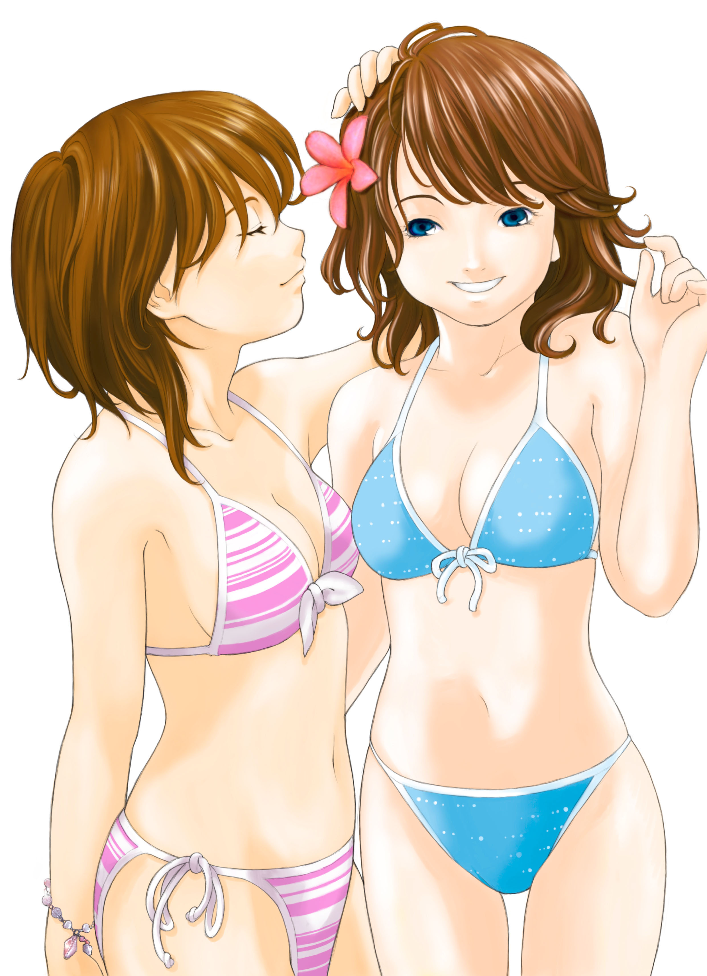 macosee, mag sys, original, absurdres, bad id, bad pixiv id, highres, 2girls, bikini, blue eyes, brown hair, closed eyes, flower, multiple girls, realistic, short hair, striped bikini, striped clothes, swimsuit