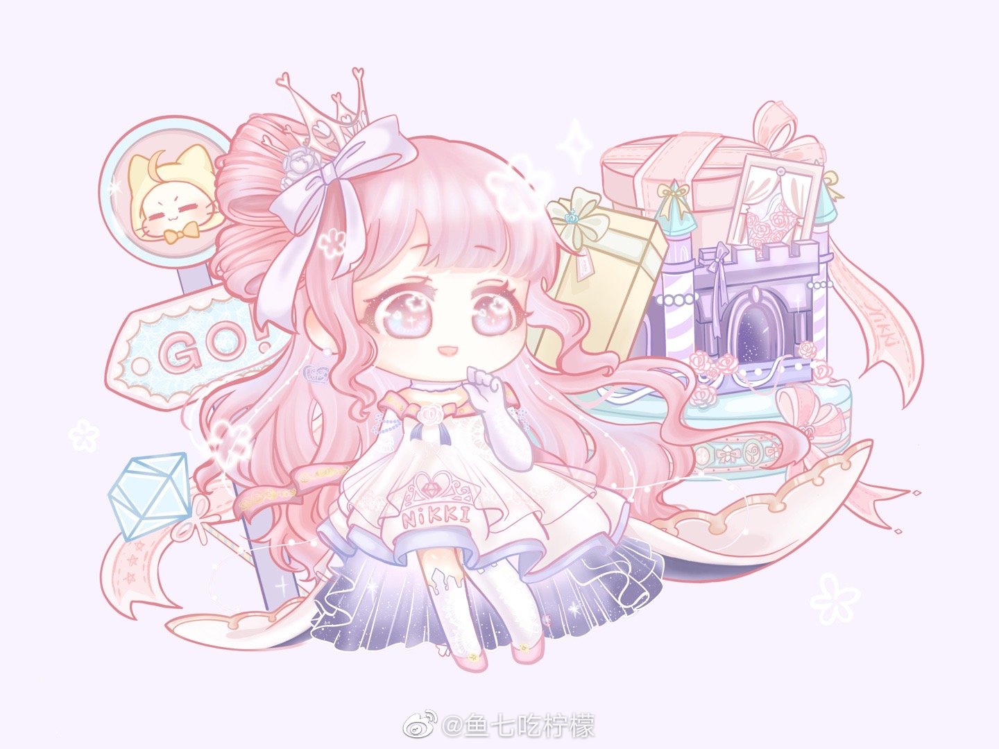 xiaoyu qixing, momo (nikki), nikki (nikki), miracle nikki, nikki (series), bad link, chinese commentary, commentary request, 1girl, beads, blunt bangs, bow, bow-shaped hair, brooch, chibi, choker, crown, dress, elbow gloves, flower, flower brooch, fur choker, gift, gloves, gown, hair bow, hair bun, hair flower, hair ornament, hand on own cheek, hand on own face, happy, jewelry, light blush, long dress, long hair, looking to the side, mini crown, off-shoulder dress, off shoulder, open mouth, pink background, pink crown, pink eyes, pink hair, pink sleeves, rose, short sleeves, sign, simple background, single side bun, smile, solo, sparkle, sparkle of stars (miracle nikki), standing, star (symbol), star in eye, symbol in eye, tareme, train (clothing), two-sided dress, two-sided fabric, very long hair, watermark, wavy hair, weibo watermark, white bow, white choker, white dress, white flower, white gloves, white rose