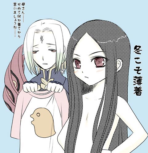 jakuri (ar tonelico), michitaka ayatane, ar tonelico, ar tonelico i, ar tonelico ii, gust, lowres, translation request, 00s, black hair, funbuns, long hair, nude, raglan sleeves, red eyes