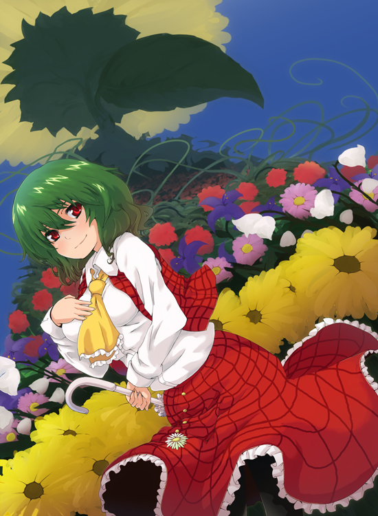 chiwino, kazami yuuka, touhou, bad id, bad pixiv id, 1girl, ascot, blush, breasts, closed umbrella, dutch angle, female focus, flower, green hair, hand on own chest, lily of the valley, medium breasts, plaid clothes, plaid skirt, plaid vest, red eyes, short hair, skirt, skirt set, smile, solo, sunflower, umbrella, vest