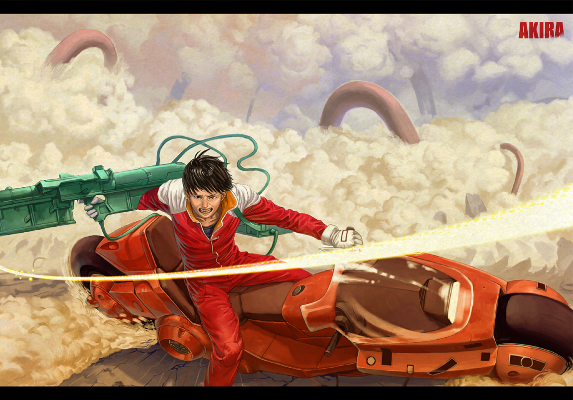 miyazaki, kaneda shoutarou (akira), akira (manga), vehicle, 1980s (style), bad id, bad pixiv id, 1boy, angry, clenched teeth, cloud, cyberpunk, energy gun, energy weapon, gloves, gun, laser, laser rifle, male focus, motor vehicle, motorcycle, oldschool, realistic, retro artstyle, riding, science fiction, smoke, solo, teeth, weapon