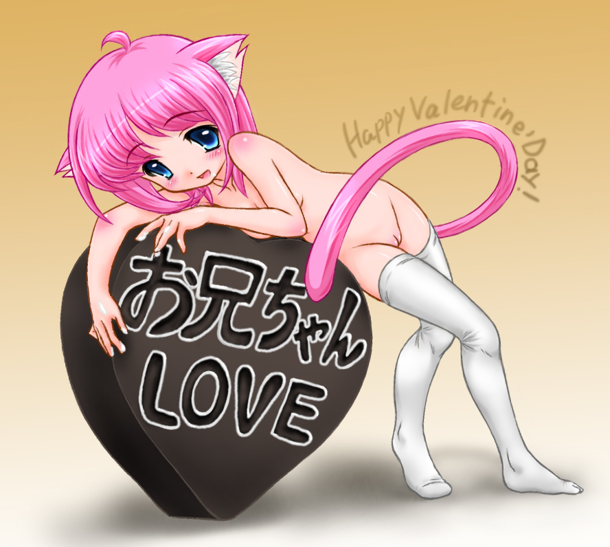 himadarou, original, 1girl, animal ears, blue eyes, blush, cat ears, cat tail, chocolate, cleft of venus, female focus, full body, happy valentine, nude, pink hair, pussy, short hair, solo, tail, thighhighs, uncensored, valentine