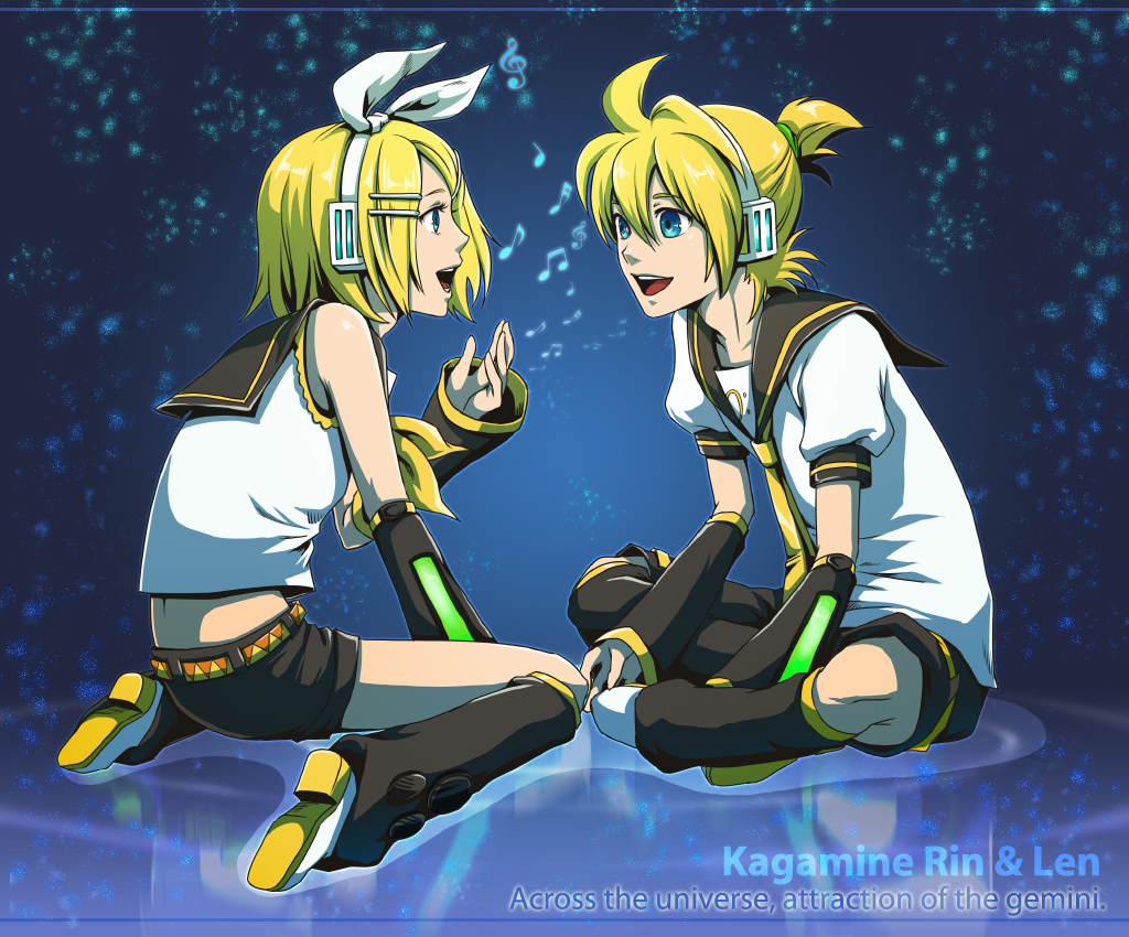 momopanda, kagamine len, kagamine rin, vocaloid, 1boy, 1girl, belt, blonde hair, blue eyes, brother and sister, hair ornament, hair ribbon, hairclip, headphones, kneeling, musical note, necktie, open mouth, ponytail, ribbon, short hair, shorts, siblings, twins