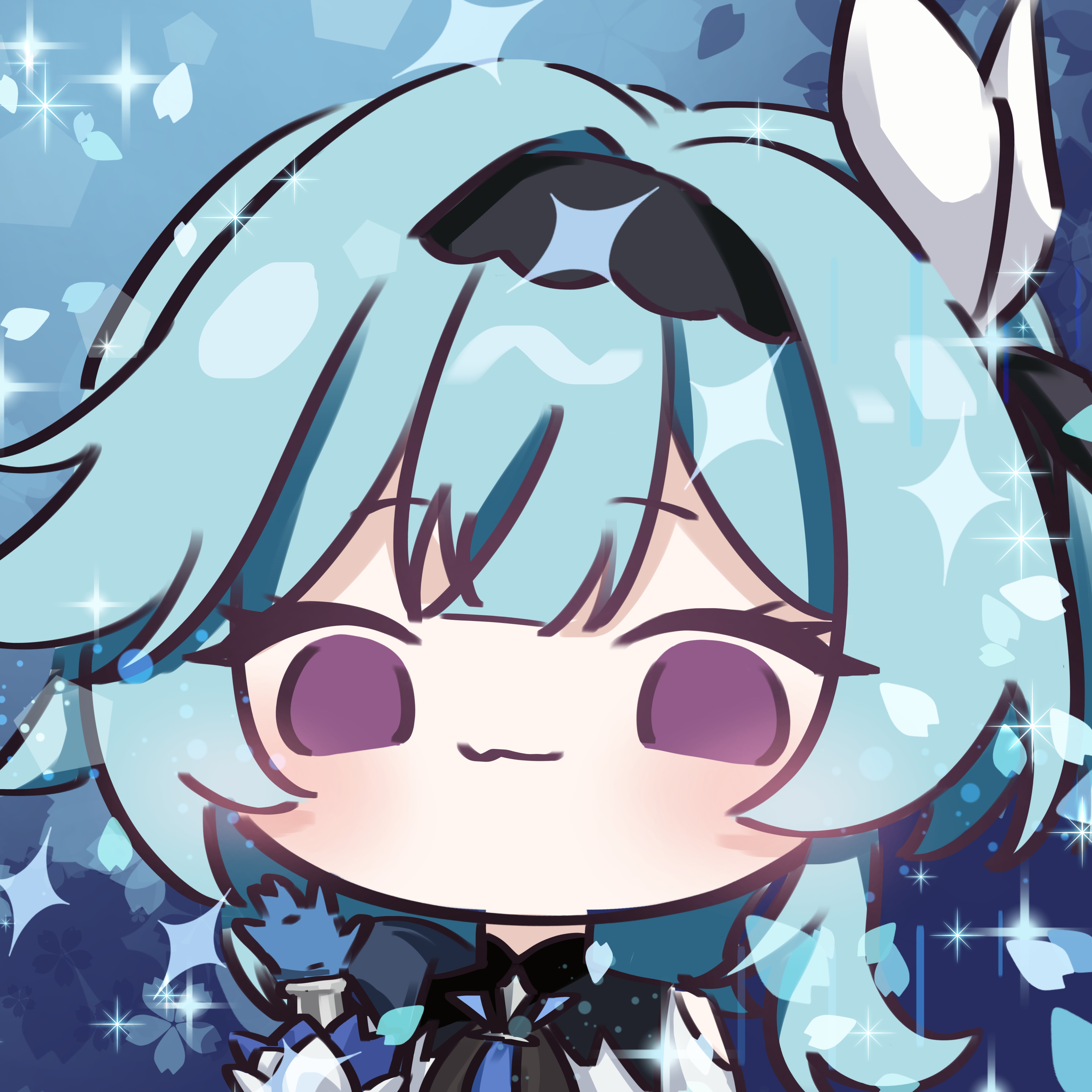 eula (genshin impact), genshin impact, absurdres, highres, black hairband, blue gloves, blue necktie, chibi, clothing cutout, gloves, hairband, medium hair, necktie, purple eyes, shoulder cutout, smile, waving