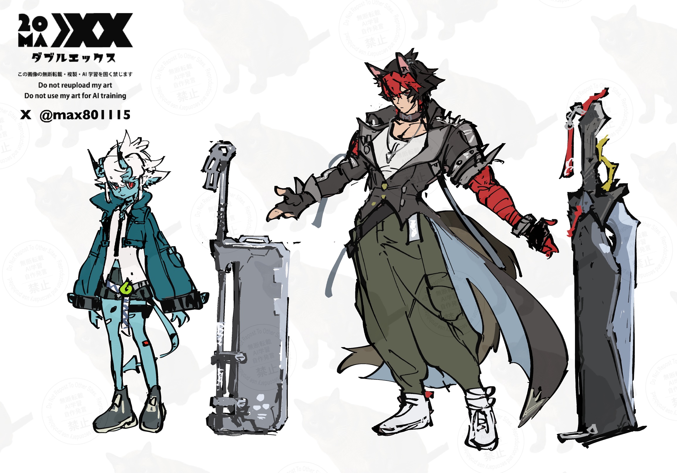 max801115, komano manato, soukaku (zenless zone zero), zenless zone zero, commentary request, highres, 1boy, 1girl, animal ear fluff, animal ears, animal print, aqua jacket, bandaid, bandaid on leg, bilingual text, black gloves, black hair, black jacket, black necktie, black skirt, blue horns, blue oni, blue skin, blue tail, cargo pants, cat print, closed mouth, collar, colored skin, dog boy, dog ears, dog tail, earrings, english text, fingerless gloves, gloves, green pants, grey shoes, hair between eyes, hair between horns, horns, jacket, jewelry, mixed-language text, multicolored hair, multicolored horns, muscular, muscular male, necklace, necktie, oni, outstretched arms, pants, pectorals, pointy ears, red bandage, red eyes, red hair, scar, scar across eye, scar on face, shirt, shoes, short hair, sketch, skin-covered horns, skirt, smile, spiked jacket, standing, sword, tail, twitter username, two-tone horns, watermark, weapon, white hair, white shirt, white shoes