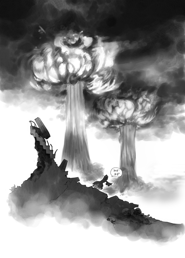 moruga, suigintou, rozen maiden, translated, 00s, cross, explosion, explosive, greyscale, monochrome, mushroom cloud, nuclear explosion, nuclear weapon, ruins, skull, solo, weapon of mass destruction