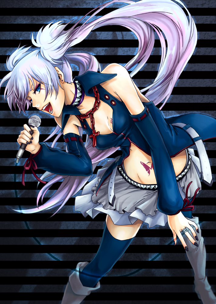 momopanda, hagane miku, hatsune miku, hagane vocaloid, vocaloid, 1girl, belt, black nails, blue eyes, boots, breasts, chain, cleavage, collar, cross, detached sleeves, fang, female focus, long hair, microphone, midriff, multicolored hair, nail polish, pink hair, skirt, solo, streaked hair, thighhighs, twintails, white hair