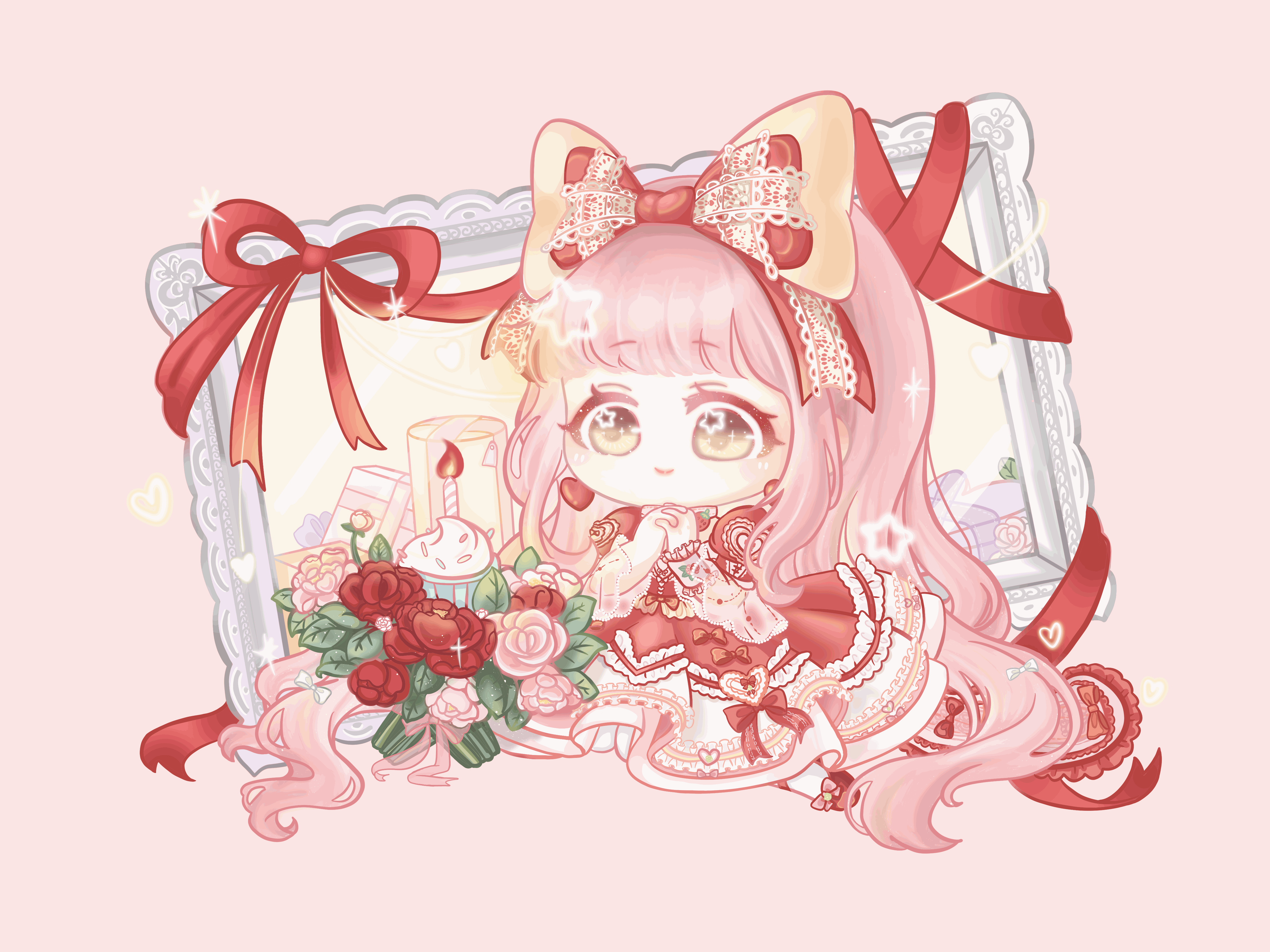 xiaoyu qixing, nikki (nikki), nikki (series), nikki up2u2: world traveller, absurdres, animated, animated gif, character request, chinese commentary, commentary request, highres, looping animation, 1girl, absurdly long hair, birthday, blinking, blunt bangs, bouquet, bow, brown eyes, candle, chibi, closed mouth, dress, earrings, eyelashes, fire, flower, footwear bow, frilled dress, frilled sleeves, frilled wrist cuffs, frills, gift, gown, hair bow, happy, heart, heart earrings, heart print, interlocked fingers, jewelry, kneeling, lace-trimmed bow, lace trim, large bow, layered sleeves, light blush, long dress, long hair, long sleeves, looking at flowers, own hands clasped, own hands together, pantyhose, picture frame, pink background, pink bow, pink flower, pink hair, pink rose, print dress, red bow, red dress, red flower, red rose, red shoes, rose, see-through clothes, see-through sleeves, shoes, short over long sleeves, short sleeves, sidelocks, simple background, single wrist cuff, smile, solo, sparkle, star (symbol), star in eye, symbol in eye, tareme, very long hair, wavy hair, white pantyhose, white wrist cuffs, wrist cuffs, yellow bow