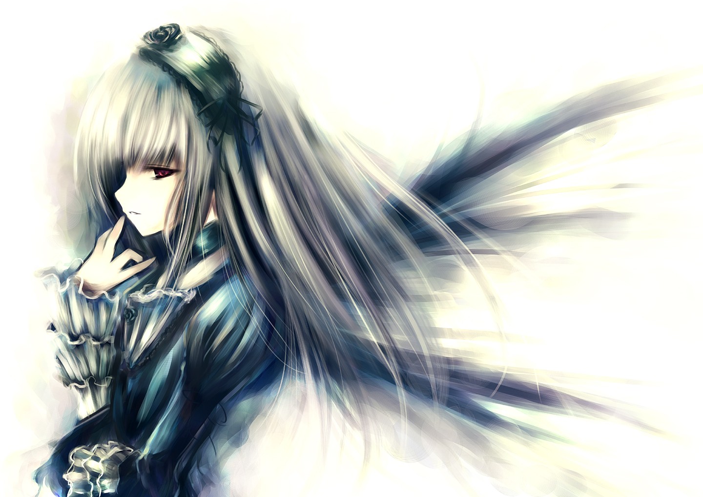 abudala, suigintou, rozen maiden, silver hair, 00s, dress, frills, goth fashion, hairband, long hair, purple eyes, solo, wings