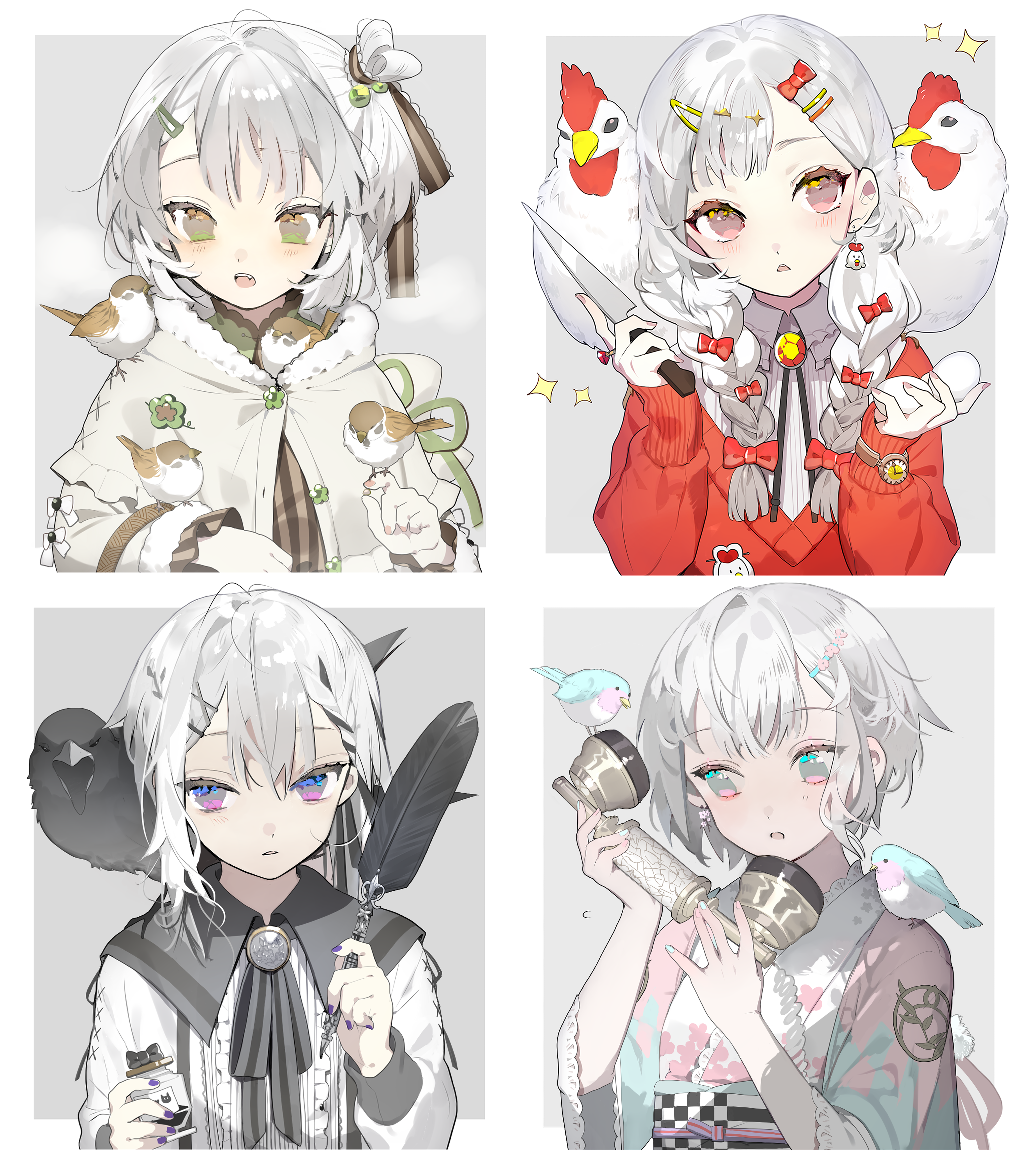 karo (karohroka), original, absurdres, highres, 4girls, animal, animal on shoulder, bird, bird on hand, bird on shoulder, blue eyes, bolo tie, bow, braid, capelet, chicken, collar, crow, egg, eyelashes, fang, frilled collar, frills, fur-trimmed capelet, fur trim, gem, gradient eyes, grey background, grey eyes, hair bow, hair ornament, hairclip, hands up, holding, holding egg, holding knife, holding phone, holding quill, humanization, inkwell, japanese clothes, jewelry, kimono, knife, long hair, long sleeves, low twin braids, multicolored eyes, multiple girls, no pupils, obi, open mouth, parted lips, phone, quill, red bow, red sweater, sash, shirt, short hair, side braid, simple background, sleeves past wrists, star (symbol), sweater, tsurime, twin braids, upper body, watch, white capelet, white hair, white shirt, wide sleeves, wristwatch, yukata