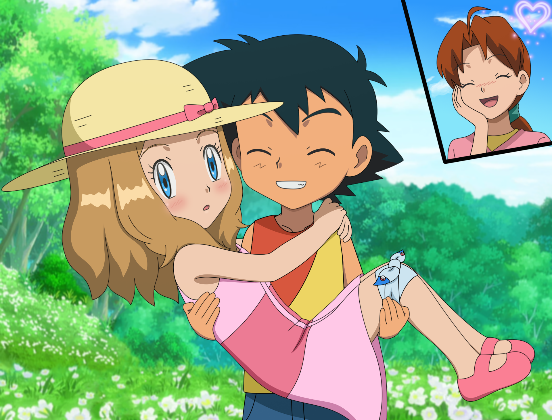 ash ketchum, serena (pokemon), nintendo, pokemon, pokemon (anime), highres, 1boy, 2girls, black hair, blonde hair, blue eyes, blush, carrying, carrying person, closed eyes, dress, hand on own cheek, hand on own face, jitan7, looking at viewer, multiple girls, open mouth, pink dress, princess carry, smile, teeth