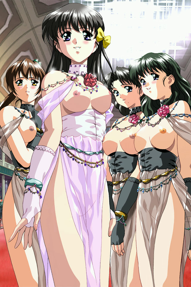 urushihara satoshi, sin sorority, utsukushiki emono-tachi no gakuen, game cg, 00s, 4girls, black eyes, black hair, blue eyes, blush, bow, bracelet, breastless clothes, breasts, brown hair, collar, dark crimson, exhibitionism, fingerless gloves, flower, framed breasts, gloves, green hair, hair bow, jewelry, long hair, multiple girls, nipples, public indecency, purple eyes, red flower, red rose, revealing clothes, rose, see-through clothes, smile, topless female, yellow eyes