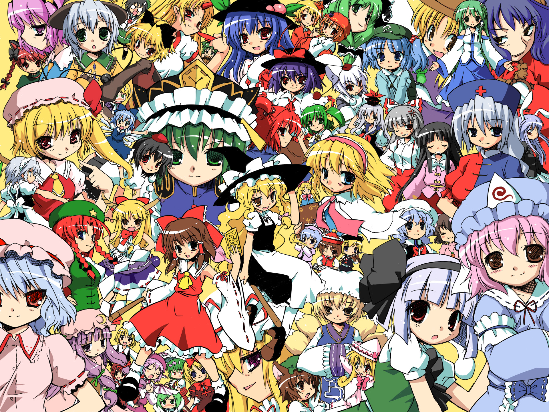 akou roushi, shining trapezohdron, aki minoriko, aki shizuha, alice margatroid, chen, cirno, daiyousei, flandre scarlet, fujiwara no mokou, hakurei reimu, hinanawi tenshi, hong meiling, hoshiguma yuugi, houraisan kaguya, ibuki suika, inaba tewi, inubashiri momiji, izayoi sakuya, kaenbyou rin, kagiyama hina, kamishirasawa keine, kawashiro nitori, kazami yuuka, kirisame marisa, kisume, koakuma, kochiya sanae, komeiji koishi, komeiji satori, konpaku youmu, kurodani yamame, letty whiterock, lily white, lunasa prismriver, lyrica prismriver, medicine melancholy, merlin prismriver, mizuhashi parsee, moriya suwako, mystia lorelei, nagae iku, onozuka komachi, patchouli knowledge, reisen udongein inaba, reiuji utsuho, remilia scarlet, rumia, saigyouji yuyuko, shameimaru aya, shanghai doll, shiki eiki, wriggle nightbug, yagokoro eirin, yakumo ran, yakumo yukari, yasaka kanako, touhou, silver hair, bad id, bad pixiv id, highres, 6+girls, animal ears, ascot, backpack, bag, barefoot, bat wings, black hair, black wings, blazer, blonde hair, blue eyes, blue hair, book, bow, braid, broom, brown eyes, brown hair, bucket, cat ears, cat tail, china dress, chinese clothes, closed eyes, detached sleeves, doll, dress, everyone, fox tail, frog, green eyes, green hair, hair bobbles, hair ornament, hair ribbon, hairband, hands in opposite sleeves, hat, head wings, heart, horns, in bucket, in container, jacket, long hair, long sleeves, mob cap, multiple girls, multiple tails, necktie, open mouth, pink eyes, pink hair, plaid clothes, plaid skirt, plaid vest, ponytail, puffy short sleeves, puffy sleeves, purple eyes, purple hair, rabbit ears, red eyes, red hair, ribbon, shoes, short hair, short sleeves, side ponytail, single horn, skirt, skirt set, socks, star (symbol), suspenders, tail, tokin hat, triangular headpiece, twin braids, twintails, two side up, vest, wide sleeves, wings, witch hat, wolf ears, wolf tail, yellow eyes