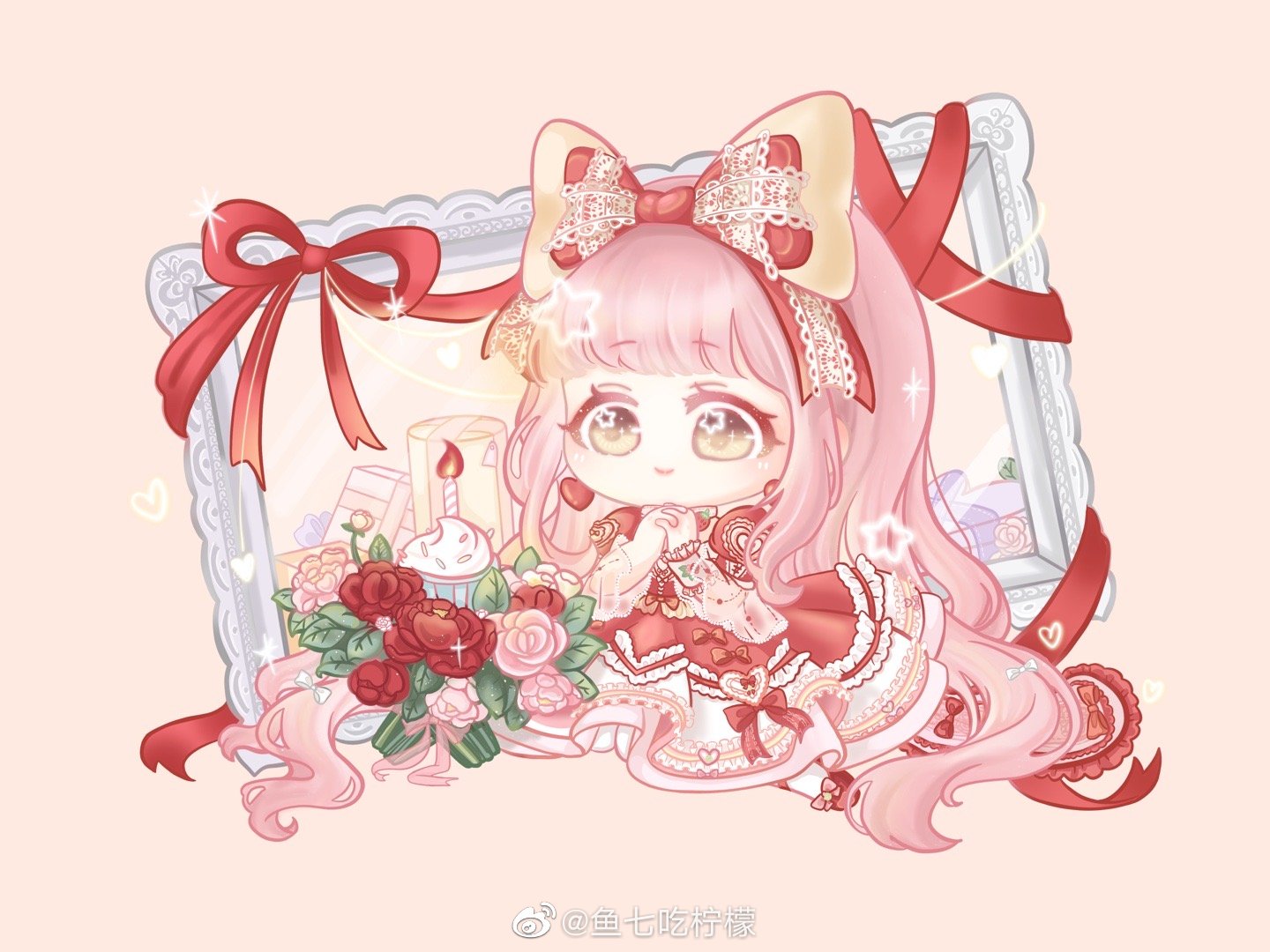 xiaoyu qixing, nikki (nikki), nikki (series), nikki up2u2: world traveller, character request, chinese commentary, commentary request, 1girl, absurdly long hair, birthday, blunt bangs, bouquet, bow, brown eyes, candle, chibi, closed mouth, dress, earrings, eyelashes, fire, flower, footwear bow, frilled dress, frilled sleeves, frilled wrist cuffs, frills, gift, gown, hair bow, happy, heart, heart earrings, heart print, interlocked fingers, jewelry, kneeling, lace-trimmed bow, lace trim, large bow, layered sleeves, light blush, long dress, long hair, long sleeves, looking at flowers, orange background, own hands clasped, own hands together, pantyhose, picture frame, pink bow, pink flower, pink hair, pink rose, print dress, red bow, red dress, red flower, red rose, red shoes, rose, see-through clothes, see-through sleeves, shoes, short over long sleeves, short sleeves, sidelocks, simple background, single wrist cuff, smile, solo, sparkle, star (symbol), star in eye, symbol in eye, tareme, very long hair, watermark, wavy hair, weibo watermark, white pantyhose, white wrist cuffs, wrist cuffs, yellow bow