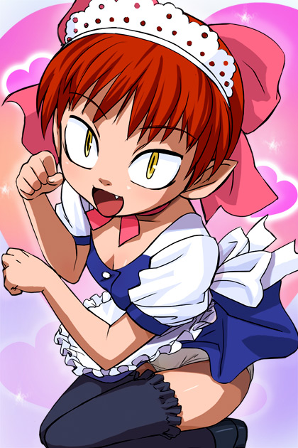 haruyama kazunori, nekomusume, gegege no kitarou, toei company, 1girl, bow, fang, female focus, maid, panties, pink bow, pointy ears, red hair, slit pupils, solo, thighhighs, underwear, yellow eyes