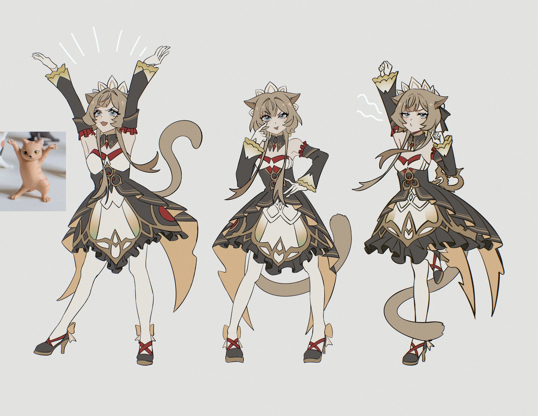 big itachi, sandrone (genshin impact), genshin impact, commentary, english commentary, highres, 1girl, :3, akanbe, animal ears, arms up, black bow, black collar, black dress, blue eyes, blush, bow, brown hair, cat ears, cat girl, cat tail, collar, detached collar, detached sleeves, dress, eyelid pull, frilled dress, frilled sleeves, frills, full body, gloves, grey background, hair bow, headdress, high heels, kemonomimi mode, long sleeves, multiple views, photo inset, puckered lips, reference inset, short hair with long locks, strapless, strapless dress, tail, tongue, tongue out, white gloves, white headdress, winding key
