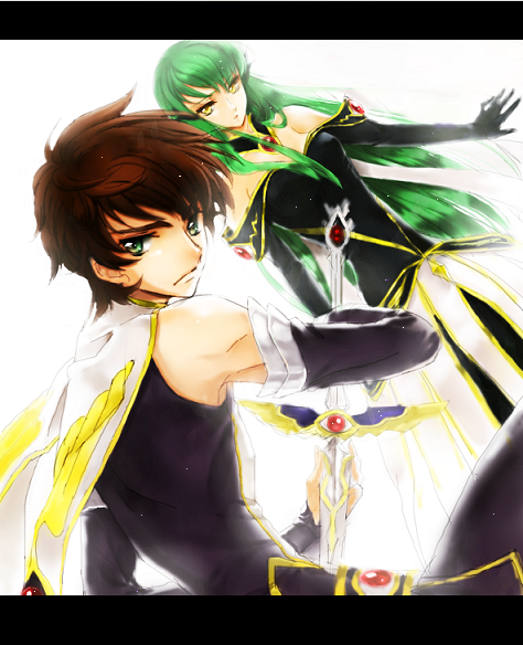 rahit, c.c., kururugi suzaku, code geass, 00s, bare shoulders, brown hair, elbow gloves, gloves, green eyes, green hair, sword, weapon