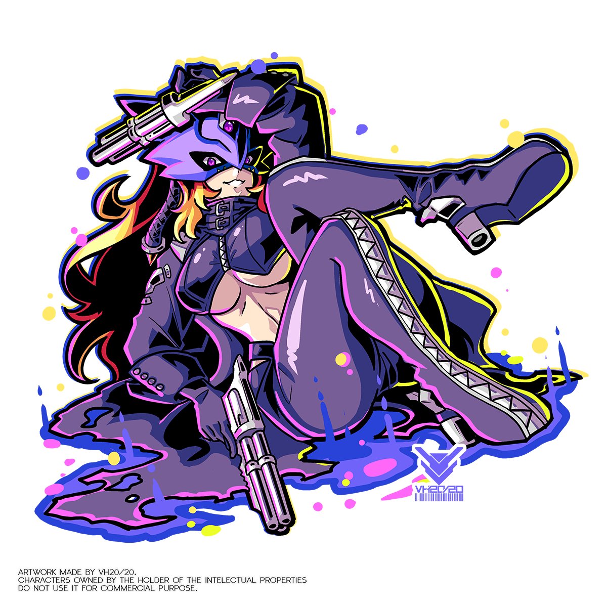 vistahero, beelstarmon, digimon, highres, 1girl, black coat, black jacket, black pants, blonde hair, breasts, coat, cropped jacket, digimon (creature), dual wielding, eye mask, full body, gun, holding, holding gun, holding weapon, jacket, long hair, mask, pants, purple eyes, simple background, solo, third eye, trigger discipline, underboob, weapon, white background