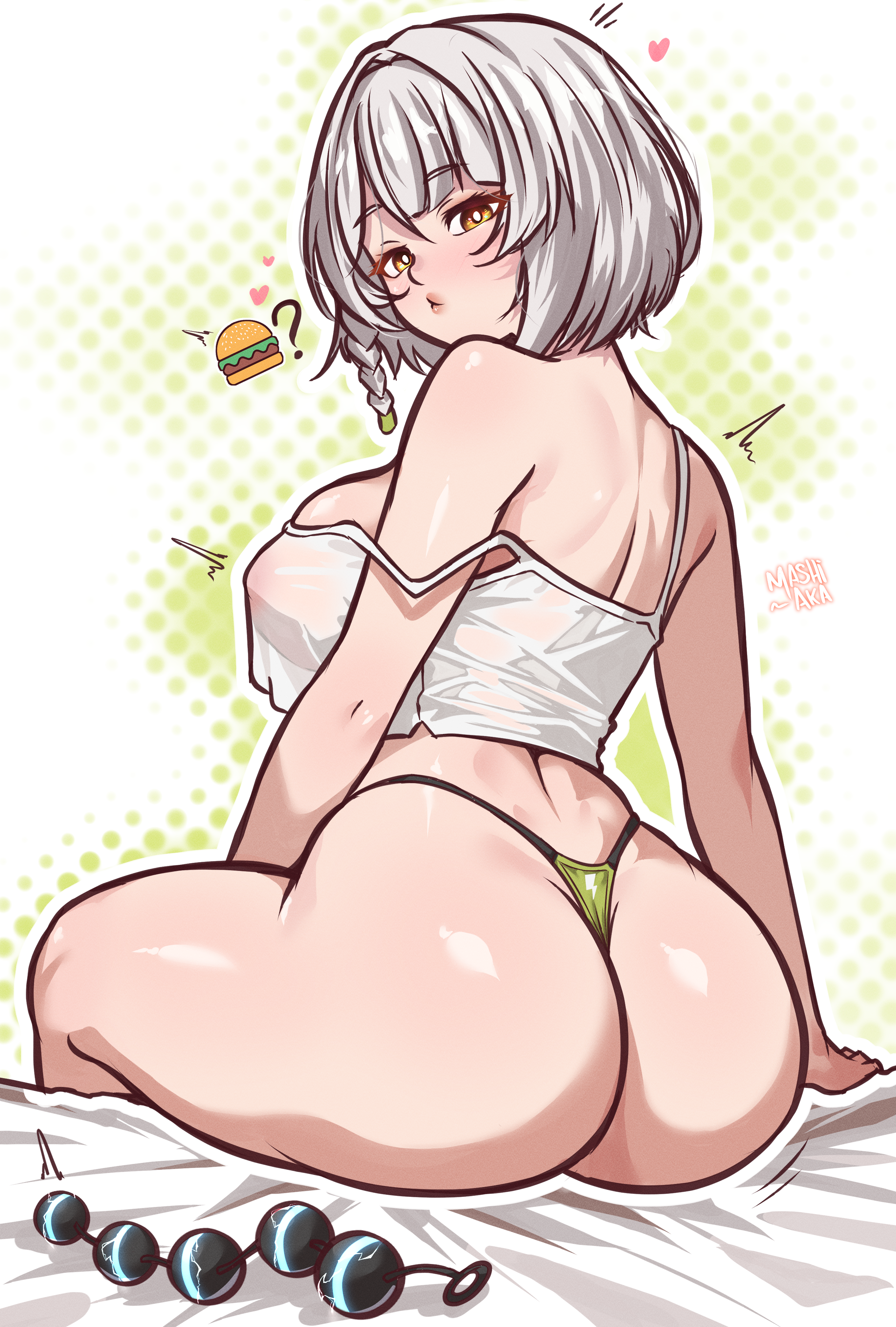 mashiaka, anby demara, zenless zone zero, absurdres, commentary, english commentary, highres, 1girl, ?, anal beads, artist name, ass, back, bare arms, bare legs, bare shoulders, bed, blanket, braid, braided sidelock, breasts, burger, crop top, crop top overhang, dotted background, food, from behind, green panties, grey hair, heart, large breasts, looking at viewer, looking back, motion lines, nipples, notice lines, off shoulder, on bed, orange eyes, panties, see-through clothes, sex toy, shirt, short hair, sitting, solo, string panties, thighs, twitching, two-tone background, underwear, white background, white shirt