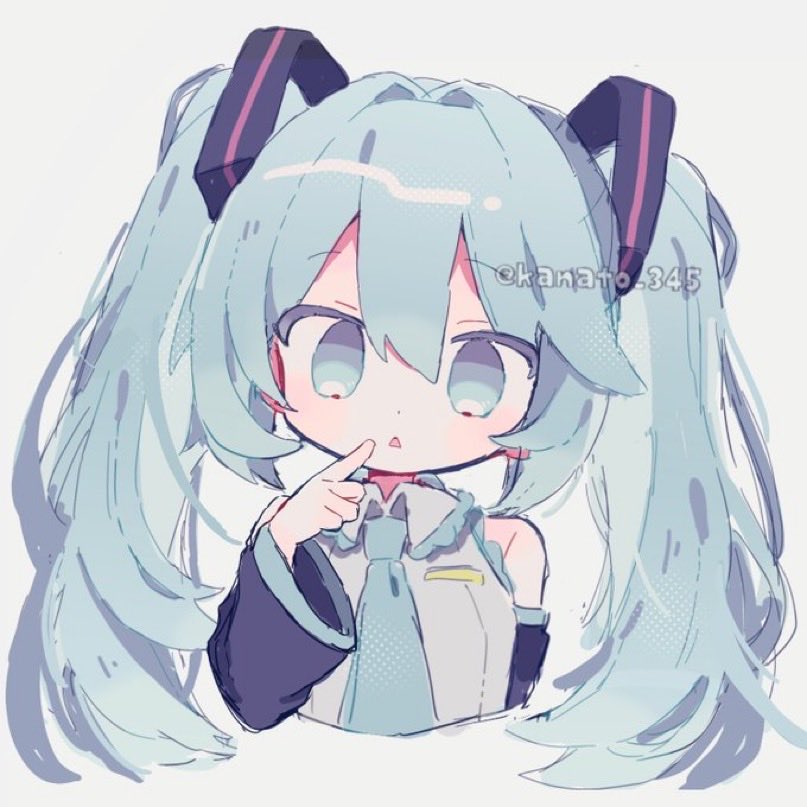 kanamochi kanato, hatsune miku, vocaloid, commentary, symbol-only commentary, 1girl, aqua eyes, aqua hair, aqua necktie, black sleeves, detached sleeves, finger to mouth, grey shirt, long hair, necktie, shirt, twintails