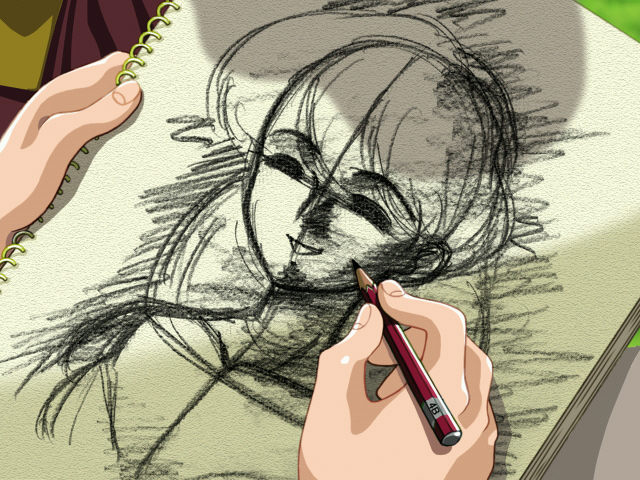 hide18, utsukushiki emono-tachi no gakuen, drawing, game cg, 1girl, male hand, pencil, sketch
