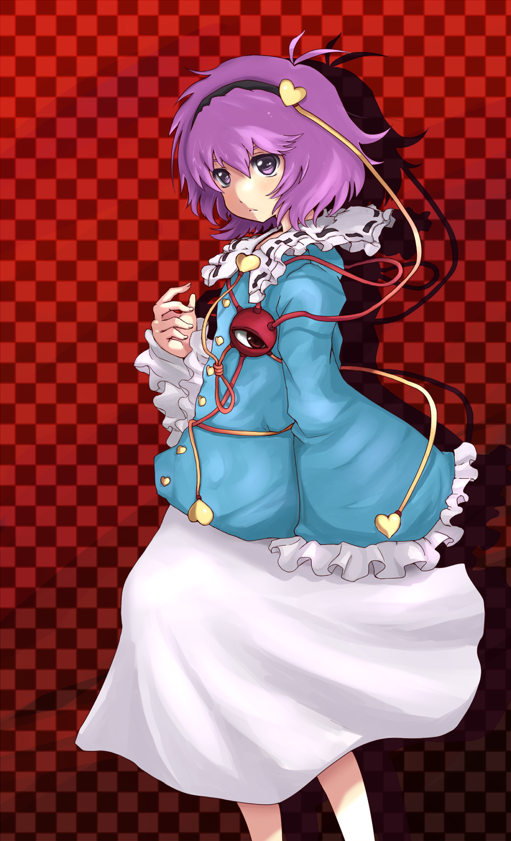 chiwino, komeiji satori, touhou, highres, 1girl, cable, checkered background, female focus, fingernails, hairband, heart, long sleeves, purple eyes, purple hair, short hair, sleeves past wrists, solo, third eye